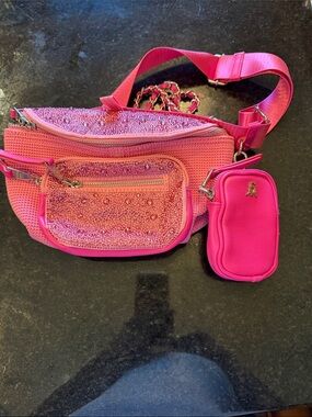 Pink Embellished Crossbody Belt Bag with Detachable Pouch